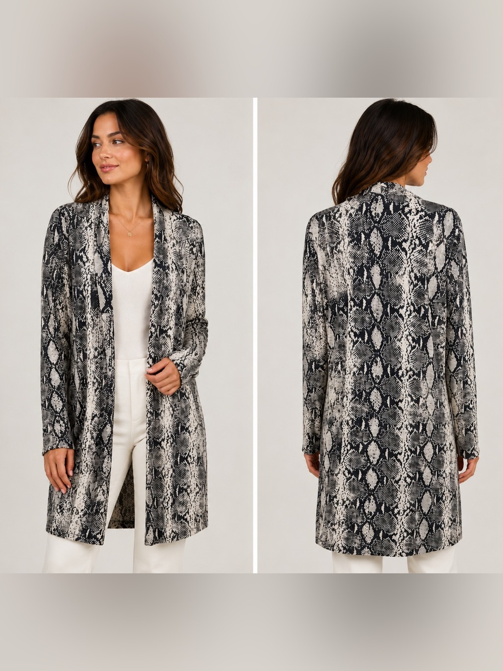 Crepes Snake Print Open Front Duster Cardigan Long Sleeve Black & White L Large